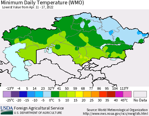 Kazakhstan Minimum Daily Temperature (WMO) Thematic Map For 4/11/2022 - 4/17/2022