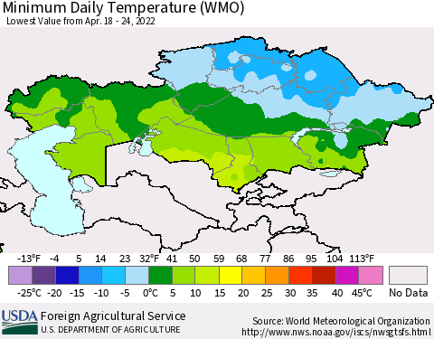 Kazakhstan Minimum Daily Temperature (WMO) Thematic Map For 4/18/2022 - 4/24/2022