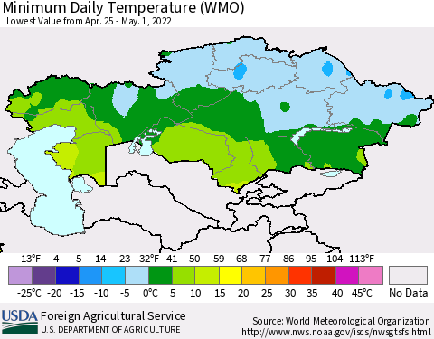 Kazakhstan Minimum Daily Temperature (WMO) Thematic Map For 4/25/2022 - 5/1/2022