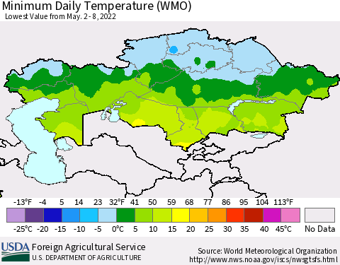 Kazakhstan Minimum Daily Temperature (WMO) Thematic Map For 5/2/2022 - 5/8/2022