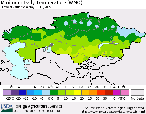 Kazakhstan Minimum Daily Temperature (WMO) Thematic Map For 5/9/2022 - 5/15/2022