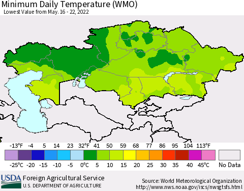 Kazakhstan Minimum Daily Temperature (WMO) Thematic Map For 5/16/2022 - 5/22/2022