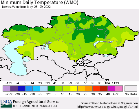 Kazakhstan Minimum Daily Temperature (WMO) Thematic Map For 5/23/2022 - 5/29/2022