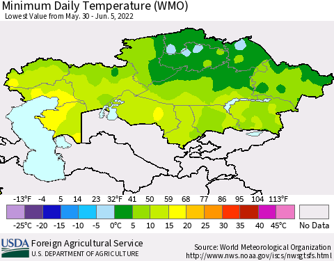 Kazakhstan Minimum Daily Temperature (WMO) Thematic Map For 5/30/2022 - 6/5/2022