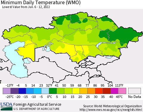 Kazakhstan Minimum Daily Temperature (WMO) Thematic Map For 6/6/2022 - 6/12/2022