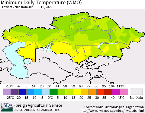 Kazakhstan Minimum Daily Temperature (WMO) Thematic Map For 6/13/2022 - 6/19/2022