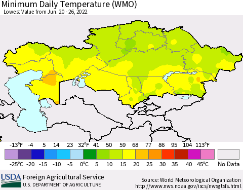 Kazakhstan Minimum Daily Temperature (WMO) Thematic Map For 6/20/2022 - 6/26/2022