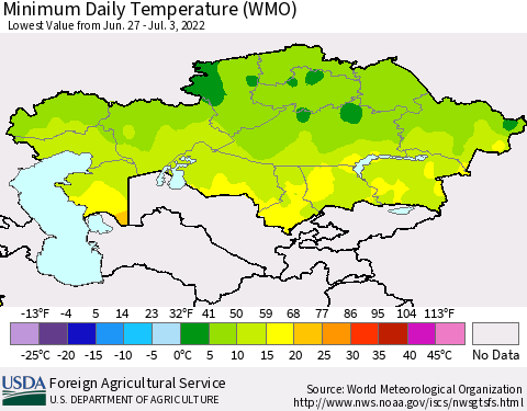 Kazakhstan Minimum Daily Temperature (WMO) Thematic Map For 6/27/2022 - 7/3/2022