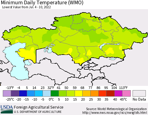 Kazakhstan Minimum Daily Temperature (WMO) Thematic Map For 7/4/2022 - 7/10/2022