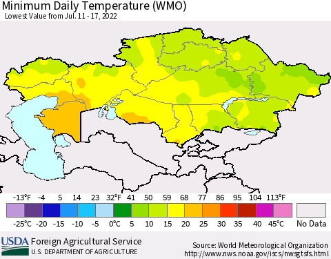 Kazakhstan Minimum Daily Temperature (WMO) Thematic Map For 7/11/2022 - 7/17/2022
