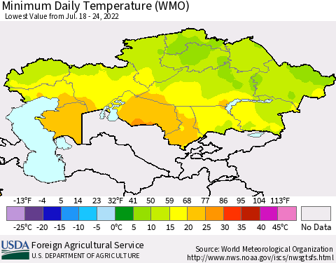 Kazakhstan Minimum Daily Temperature (WMO) Thematic Map For 7/18/2022 - 7/24/2022
