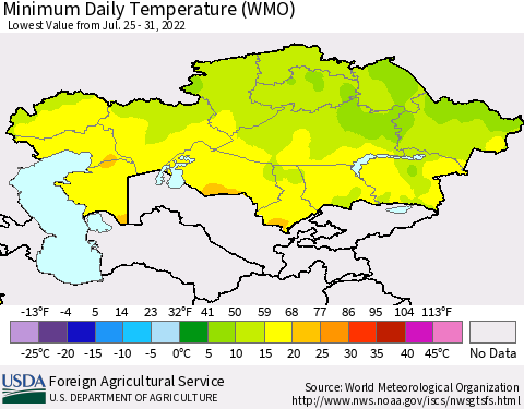 Kazakhstan Minimum Daily Temperature (WMO) Thematic Map For 7/25/2022 - 7/31/2022