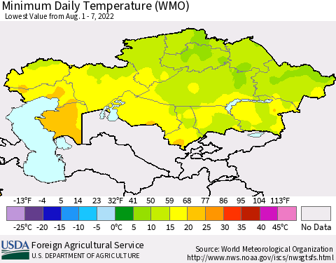 Kazakhstan Minimum Daily Temperature (WMO) Thematic Map For 8/1/2022 - 8/7/2022