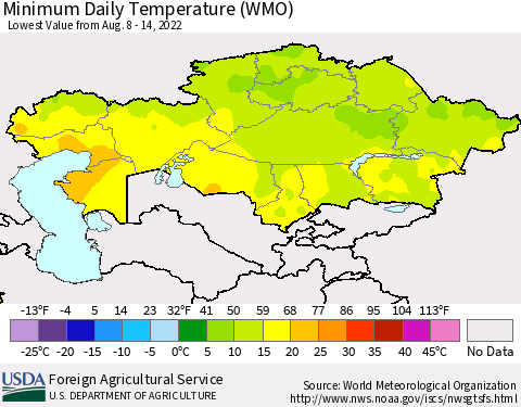 Kazakhstan Minimum Daily Temperature (WMO) Thematic Map For 8/8/2022 - 8/14/2022
