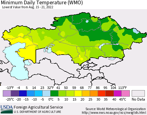 Kazakhstan Minimum Daily Temperature (WMO) Thematic Map For 8/15/2022 - 8/21/2022
