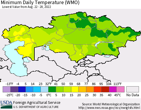 Kazakhstan Minimum Daily Temperature (WMO) Thematic Map For 8/22/2022 - 8/28/2022