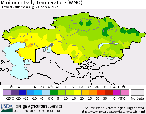 Kazakhstan Minimum Daily Temperature (WMO) Thematic Map For 8/29/2022 - 9/4/2022