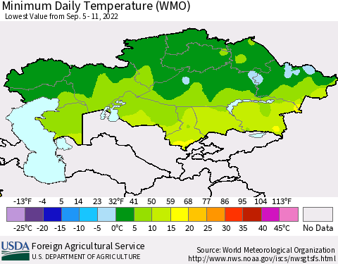 Kazakhstan Minimum Daily Temperature (WMO) Thematic Map For 9/5/2022 - 9/11/2022