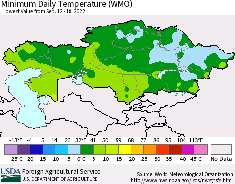 Kazakhstan Minimum Daily Temperature (WMO) Thematic Map For 9/12/2022 - 9/18/2022