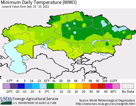Kazakhstan Minimum Daily Temperature (WMO) Thematic Map For 9/19/2022 - 9/25/2022