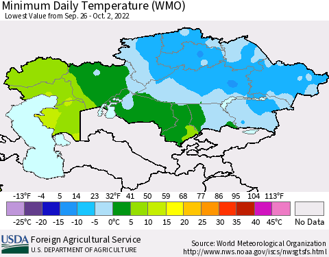 Kazakhstan Minimum Daily Temperature (WMO) Thematic Map For 9/26/2022 - 10/2/2022
