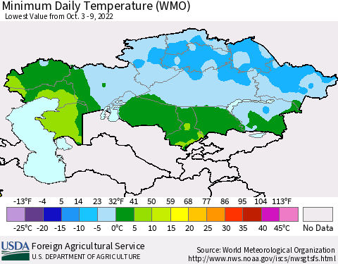 Kazakhstan Minimum Daily Temperature (WMO) Thematic Map For 10/3/2022 - 10/9/2022