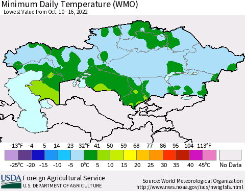 Kazakhstan Minimum Daily Temperature (WMO) Thematic Map For 10/10/2022 - 10/16/2022