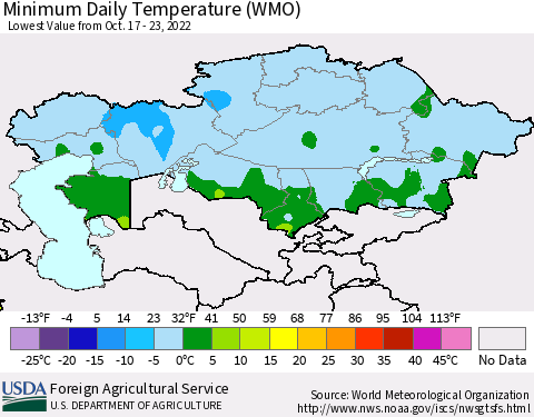 Kazakhstan Minimum Daily Temperature (WMO) Thematic Map For 10/17/2022 - 10/23/2022