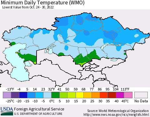 Kazakhstan Minimum Daily Temperature (WMO) Thematic Map For 10/24/2022 - 10/30/2022