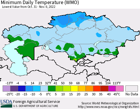 Kazakhstan Minimum Daily Temperature (WMO) Thematic Map For 10/31/2022 - 11/6/2022