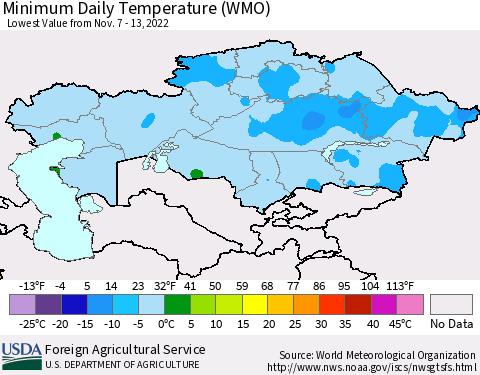 Kazakhstan Minimum Daily Temperature (WMO) Thematic Map For 11/7/2022 - 11/13/2022