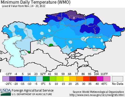 Kazakhstan Minimum Daily Temperature (WMO) Thematic Map For 11/14/2022 - 11/20/2022