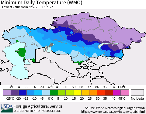 Kazakhstan Minimum Daily Temperature (WMO) Thematic Map For 11/21/2022 - 11/27/2022
