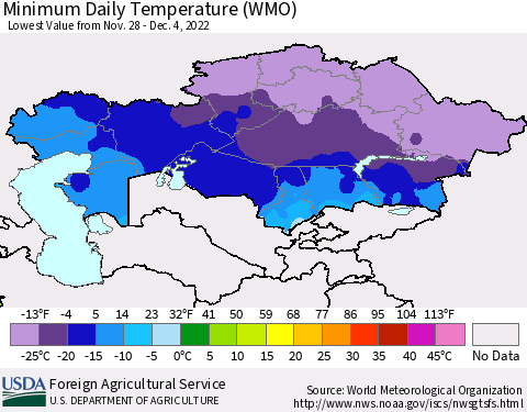 Kazakhstan Minimum Daily Temperature (WMO) Thematic Map For 11/28/2022 - 12/4/2022