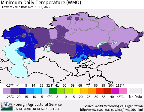 Kazakhstan Minimum Daily Temperature (WMO) Thematic Map For 12/5/2022 - 12/11/2022