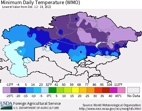 Kazakhstan Minimum Daily Temperature (WMO) Thematic Map For 12/12/2022 - 12/18/2022