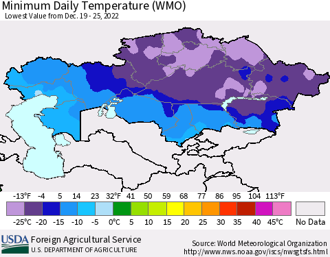 Kazakhstan Minimum Daily Temperature (WMO) Thematic Map For 12/19/2022 - 12/25/2022