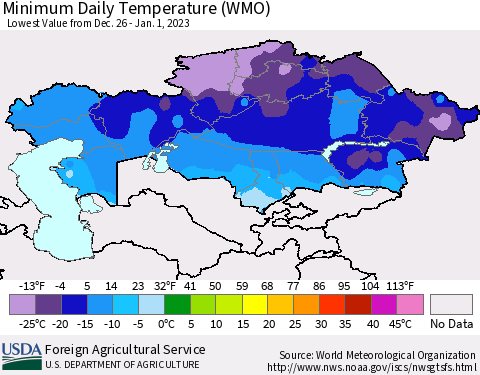 Kazakhstan Minimum Daily Temperature (WMO) Thematic Map For 12/26/2022 - 1/1/2023
