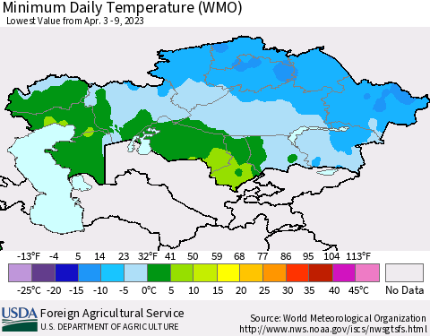 Kazakhstan Minimum Daily Temperature (WMO) Thematic Map For 4/3/2023 - 4/9/2023