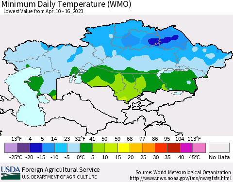 Kazakhstan Minimum Daily Temperature (WMO) Thematic Map For 4/10/2023 - 4/16/2023