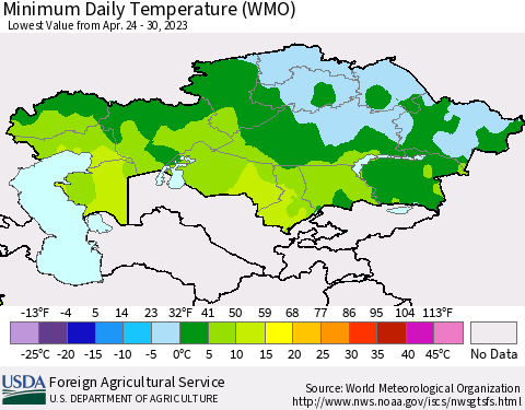 Kazakhstan Minimum Daily Temperature (WMO) Thematic Map For 4/24/2023 - 4/30/2023