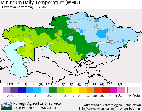 Kazakhstan Minimum Daily Temperature (WMO) Thematic Map For 5/1/2023 - 5/7/2023