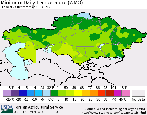 Kazakhstan Minimum Daily Temperature (WMO) Thematic Map For 5/8/2023 - 5/14/2023