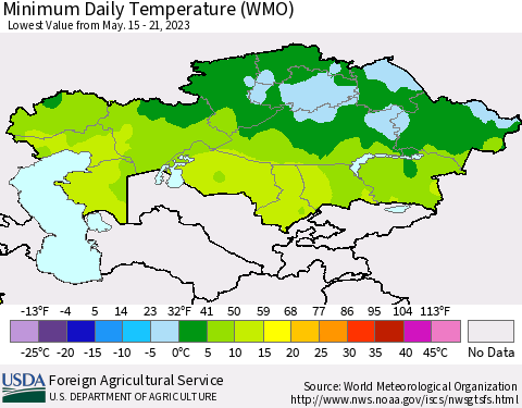 Kazakhstan Minimum Daily Temperature (WMO) Thematic Map For 5/15/2023 - 5/21/2023
