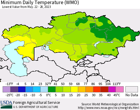 Kazakhstan Minimum Daily Temperature (WMO) Thematic Map For 5/22/2023 - 5/28/2023