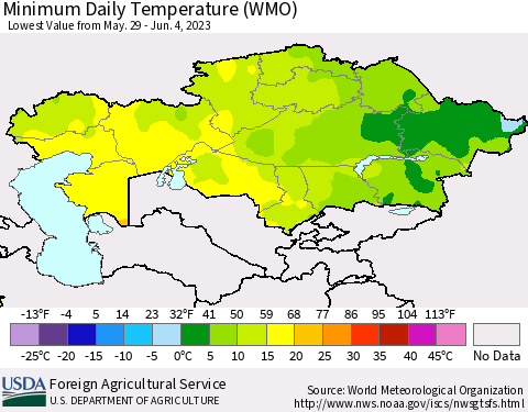 Kazakhstan Minimum Daily Temperature (WMO) Thematic Map For 5/29/2023 - 6/4/2023