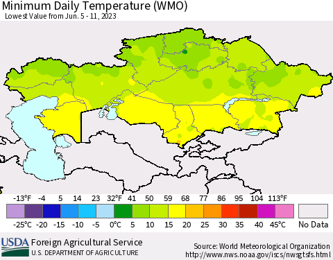 Kazakhstan Minimum Daily Temperature (WMO) Thematic Map For 6/5/2023 - 6/11/2023