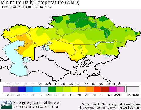 Kazakhstan Minimum Daily Temperature (WMO) Thematic Map For 6/12/2023 - 6/18/2023