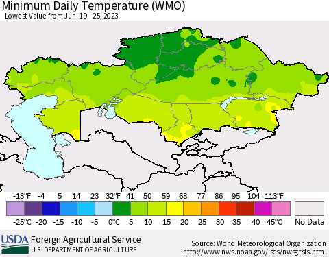 Kazakhstan Minimum Daily Temperature (WMO) Thematic Map For 6/19/2023 - 6/25/2023