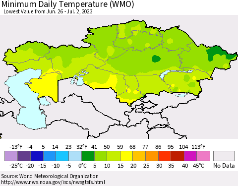 Kazakhstan Minimum Daily Temperature (WMO) Thematic Map For 6/26/2023 - 7/2/2023